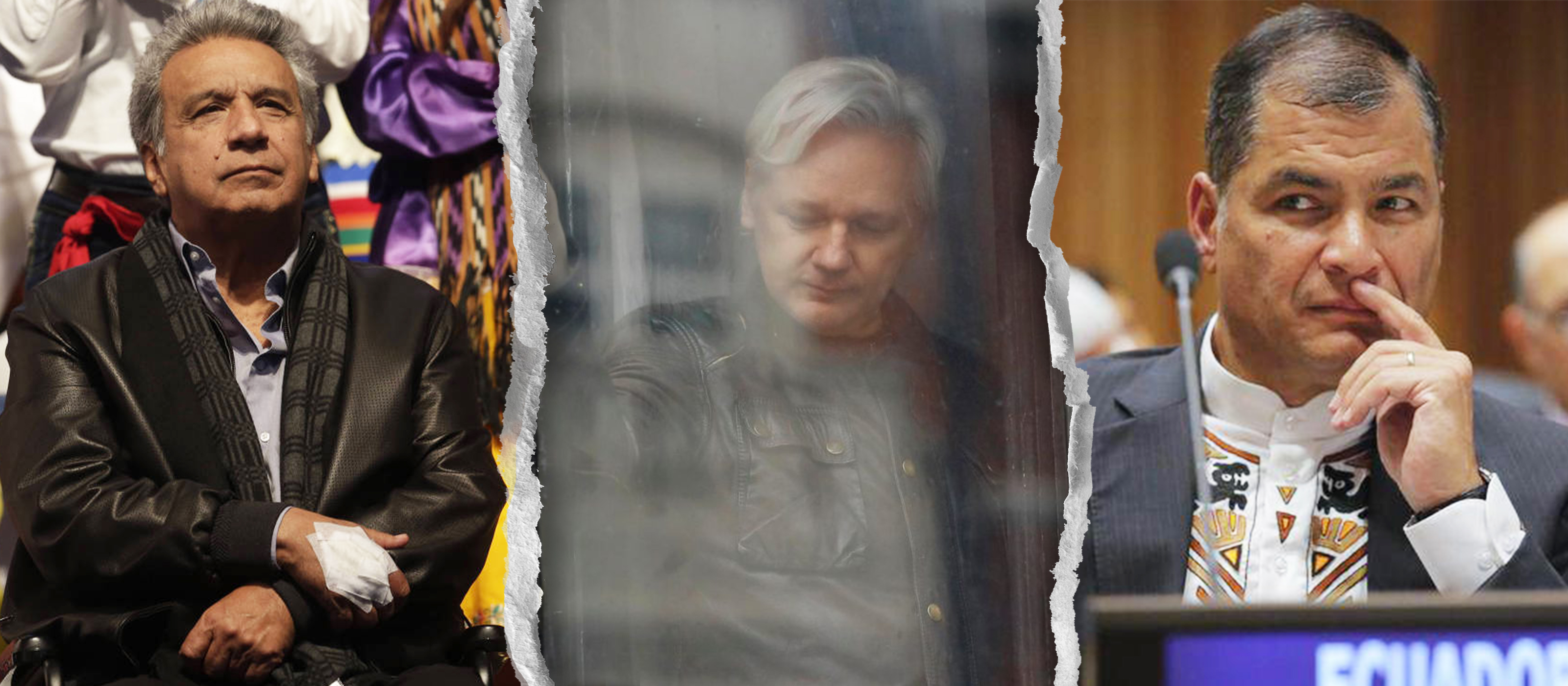 left to right: ecuadorian president lenin moreno, julian assange