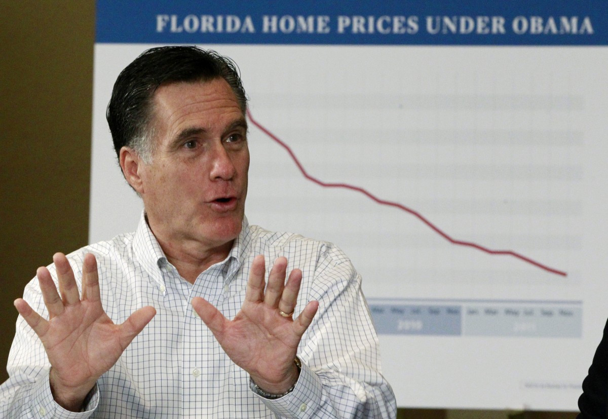 Republican presidential candidate, former Massachusetts Gov. Mitt Romney holds a discussion on housing and foreclosure, Monday, Jan. 23, 2012, in Tampa, Fla. (AP Photo/Charles Dharapak)