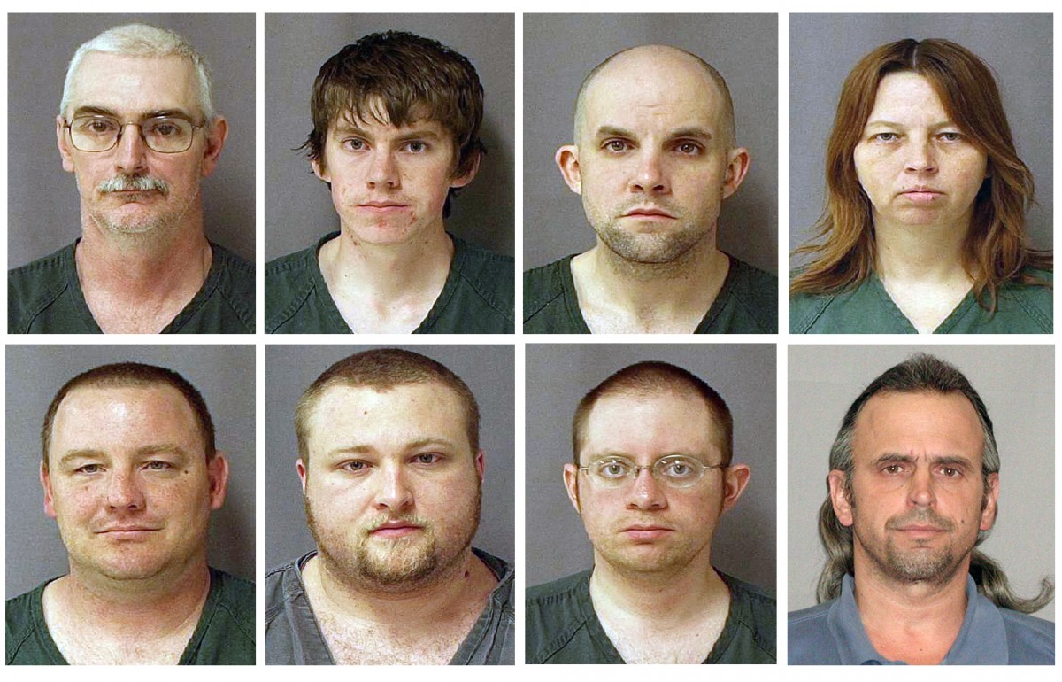 ADDS INFORMATION THAT ONE OF THE PEOPLE SHOWN IS NOT GOING ON TRIAL --This combo of eight photos provided by the U.S. Marshals Service on Monday March 29, 2010 shows from top left, David Brian Stone Sr., 44, of Clayton, Mich,; David Brian Stone Jr. of Adrian, Mich,; Jacob Ward, 33, of Huron, Ohio; Tina Mae Stone and bottom row from left, Michael David Meeks, 40, of Manchester, Mich,; Kristopher T. Sickles, 27, of Sandusky, Ohio; Joshua John Clough, 28, of Blissfield, Mich.; and Thomas William Piatek, 46, of Whiting, Ind., suspects tied to Hutaree, a Christian militia. Jury selection is getting under way in Detroit federal court Tuesday, Feb. 7, 2012, nearly two years after the dramatic arrest of people who authorities say belonged to a southern Michigan militia with a goal of rebelling against the government. The trial is expected to last weeks. It involves seven of the nine people charged with belonging to a group called Hutaree. The government says they conspired to try to kill a police officer and plotted further strikes. No one was ever attacked, and the defendants say they're being prosecuted for saying stupid things. Joshua Clough, bottom row second from right, is the only defendant to make a deal with prosecutors and could be called as a witness to testify against the Hutaree. (AP Photo/U.S. Marshall)