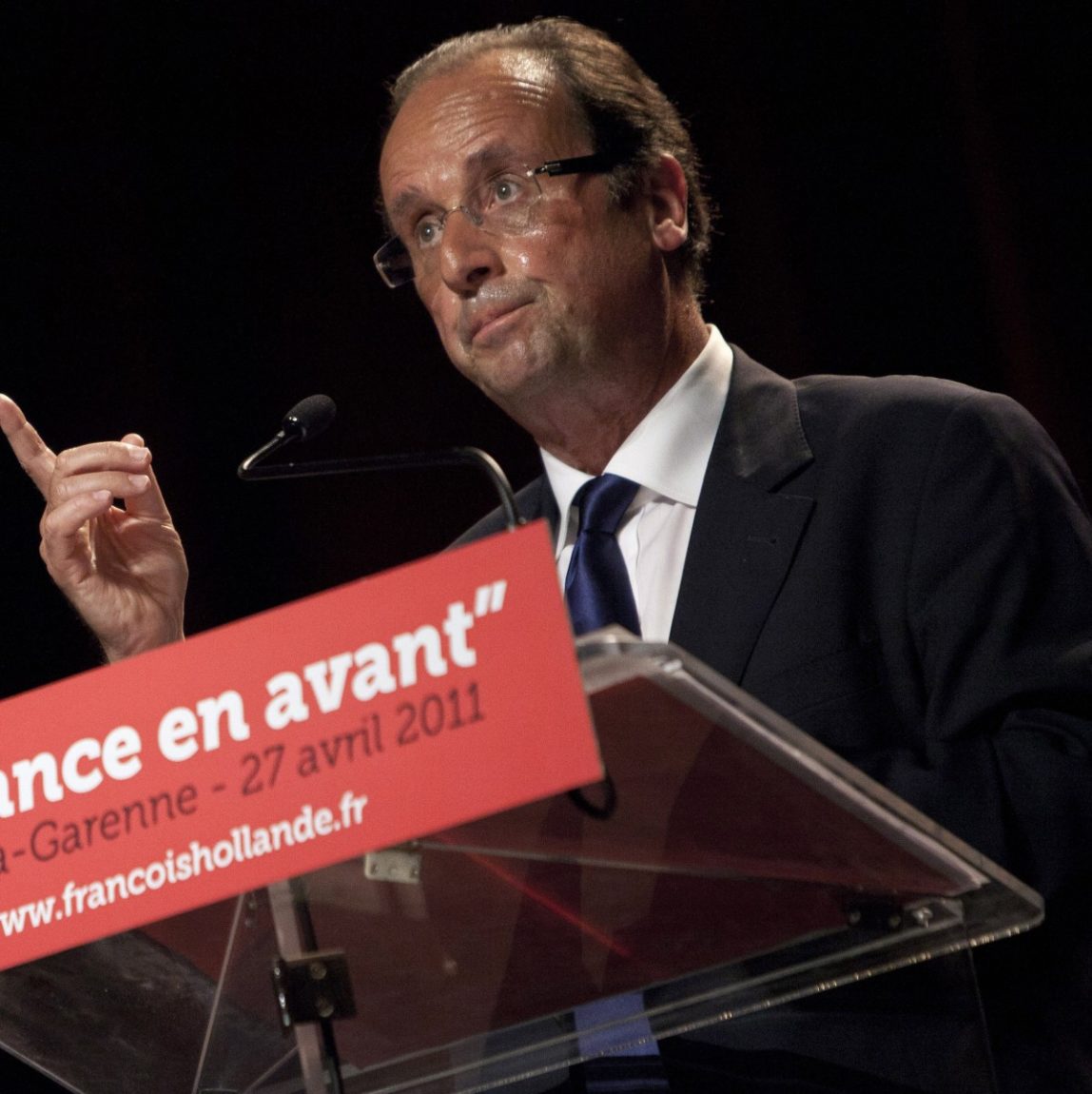 French Socialist Party former first secretary and candidate for the party's primary elections for the 2012 presidential election Francois Hollande gestures as he delivers a speech during his first campaign rally in Clichy, east of Paris, Wednesday, April 27, 2011. Hollande recently won the majority of votes in the first round of elections in France. (AP Photo/Thibault Camus)