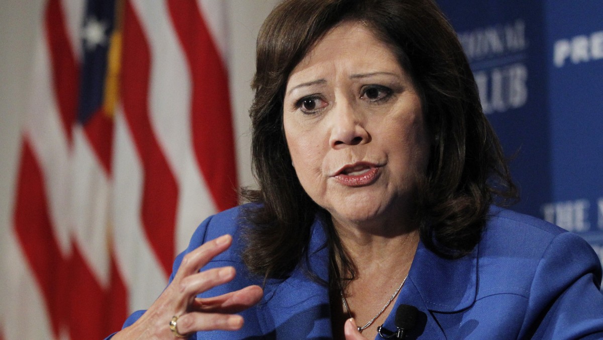 FILE - In this Aug. 30, 2011 file photo, Labor Secretary Hilda Solis speaks at the National Press Club in Washington. An aging population and an economy that has been slow to rebound are straining the long-term finances of Social Security and Medicare, the government's two largest benefit programs. Those problems are getting new attention Monday as the trustees who oversee the massive programs release their annual financial reports. (AP Photo/Manuel Balce Ceneta, File)