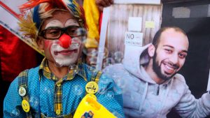 Palestinians clowns during a show of solidarity for their colleague, Mohammed Abu Sakha, who was jailed by Israel in December, in front of the Red Cross office in Gaza City, Feb. 8, 2016. (Photo: Majdi Fathi/NurPhoto/Sipa USA)