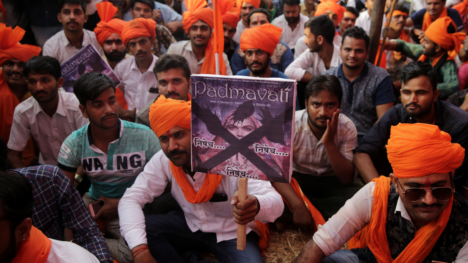 Members of India's Rajput Hindu community hold placards as they protest against the release of Bollywood film "Padmavati" in Mumbai, India, Nov. 20, 2017. The film has been in trouble since the beginning of the year, with groups in the state of Rajasthan attacking the film's set, threatening to burn down theaters that show it and even physically attacking the director in January. A member of India's Hindu nationalist ruling party has offered a 100 million rupee ($1.5 million) reward to anyone who beheads the lead actress and the director of the yet-to-be released film over its alleged handling of the relationship between a Hindu queen and a Muslim ruler. (AP/Rafiq Maqbool)