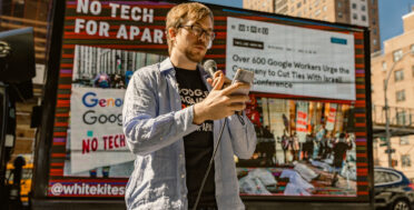 Tech workers from Google, Meta and Amazon protest against Big Tech supplying Israel with intelligence tools outside Google offices in Chelsea, Manhattan, NY, April 16, 2024. Cristina Matuozzi | AP